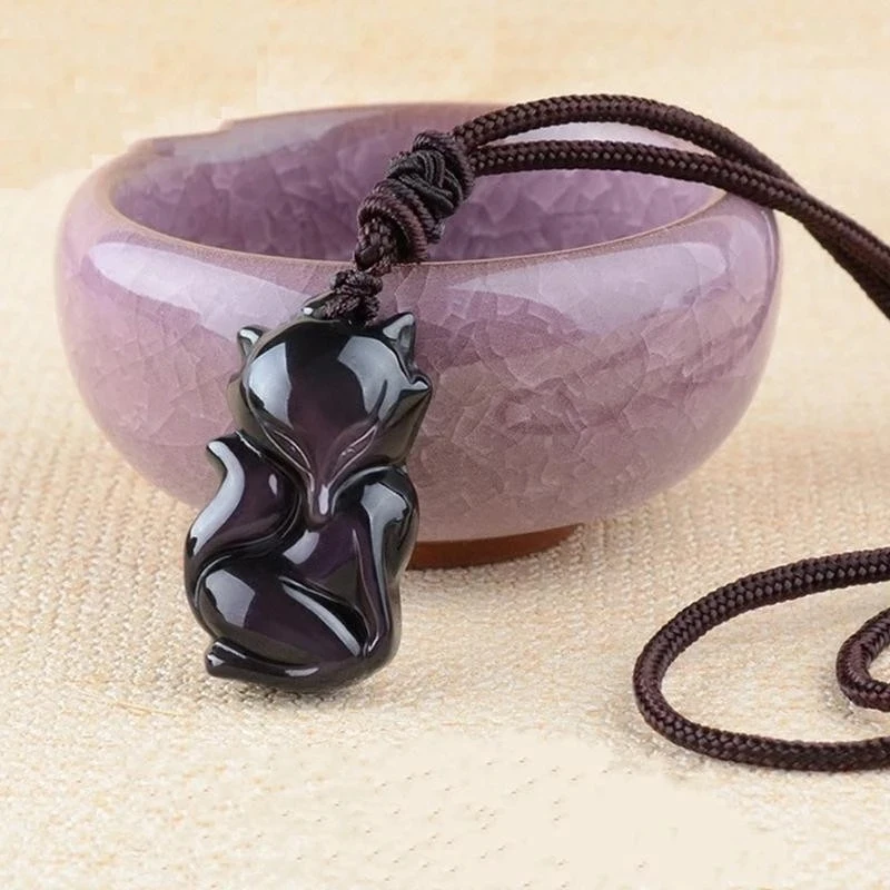 

Natural Stones Obsidian Eyebrow Fox Pendants With Lucky Chain Jewelry Unisex Rainbow Eye Necklace For Men Women New