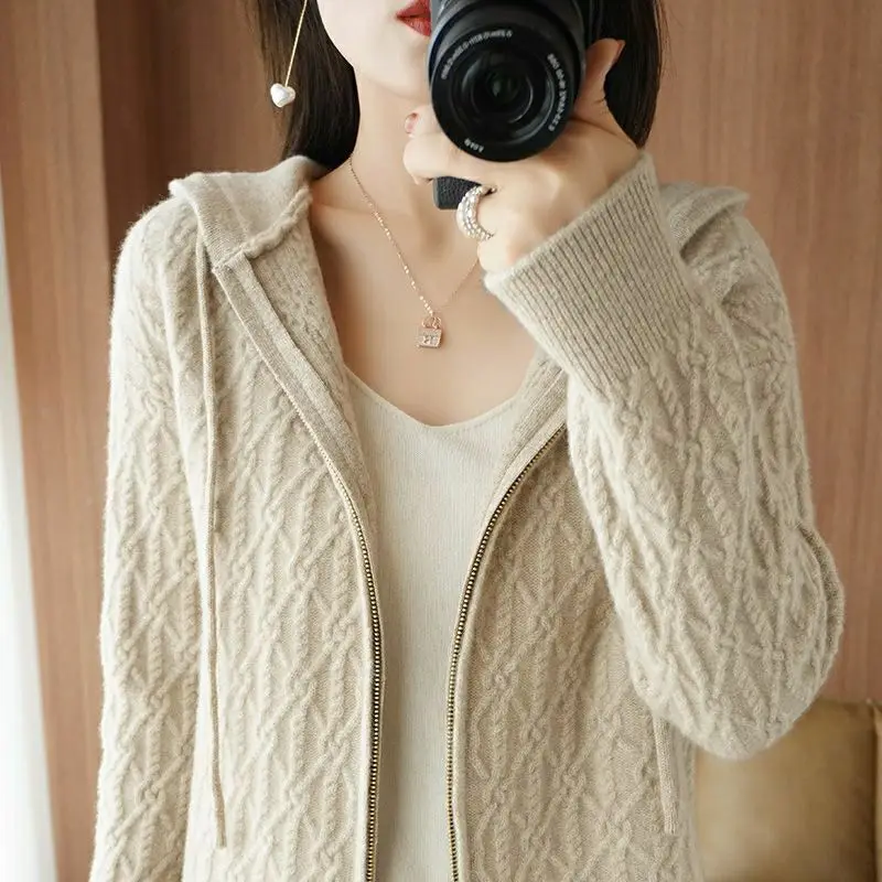 

Cardigan Sweater Autumn and Winter 2023 Knitted Cardigan Women Hooded Zipper with Cardigan Hoodie Sweater Cardigan Female Coat