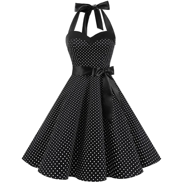 Femmes à pois imprimé Robe d'été Sexy rétro blanc licou Robe Vintage Robe Femme Pin Up Rockabilly Robe de soirée