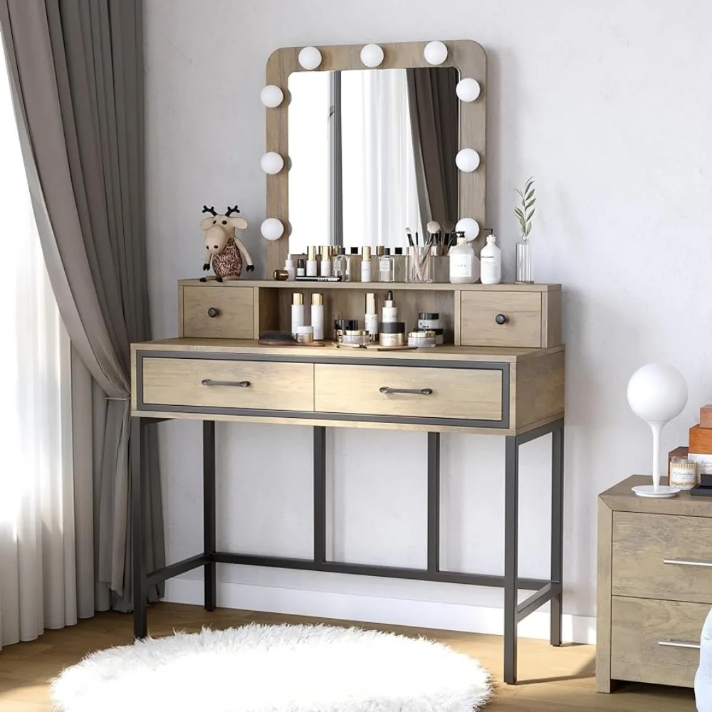 

Makeup Vanity with 3 Color Dimmable Lighted Mirror,Vanity Table with 4 Drawers,Dressing Desk for Bedroom,Brown