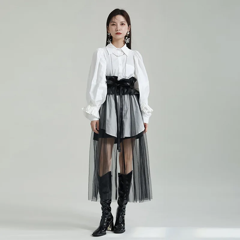 

2023 original design PU stitching mesh waistband A-line half-body skirt with matching shirt skirts traf faldas largas de gasa