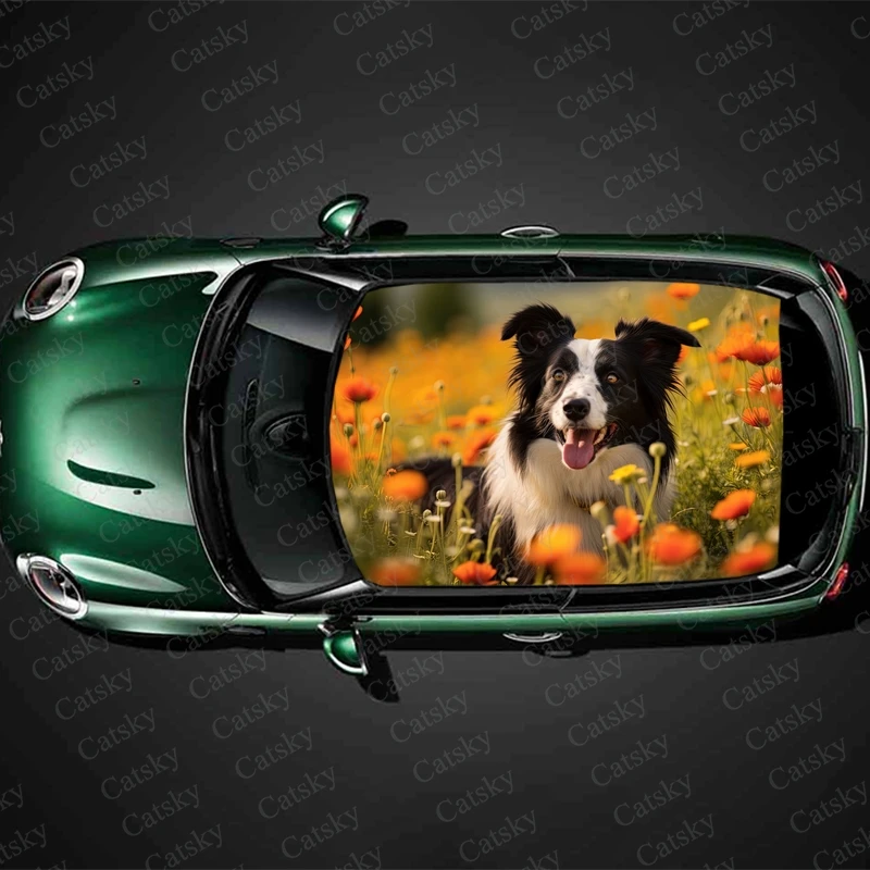 

Border Collie with Flower Car Roof Sticker Wrap Racing SUV Accessories Packaging Painted PVC Custom Car Graphic Decal