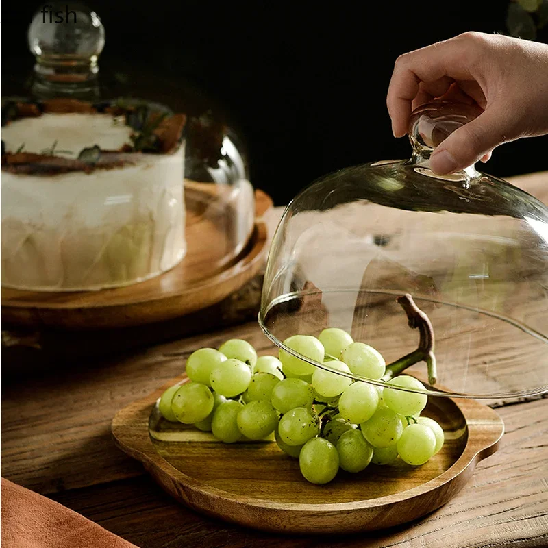Wood Cake Pan Glass Cover Cake Stand Bread Pan Fruit Tray Dessert Plate Dim Sum Plate Snack Tray Refreshment Trays Display Stand