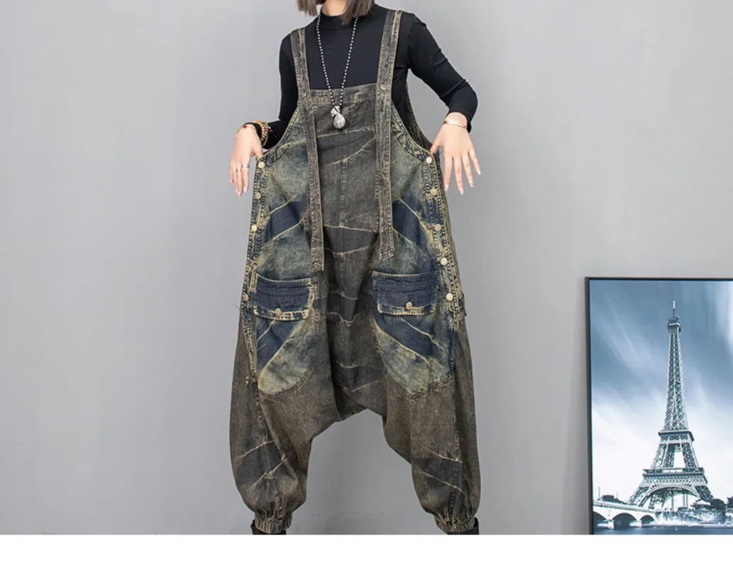 Cool Do The Old Denim Strap Pants Women's 2024 Spring Youthful-Looking Loose High Waist Slimming Big Crotch One-Piece Jumpsuit