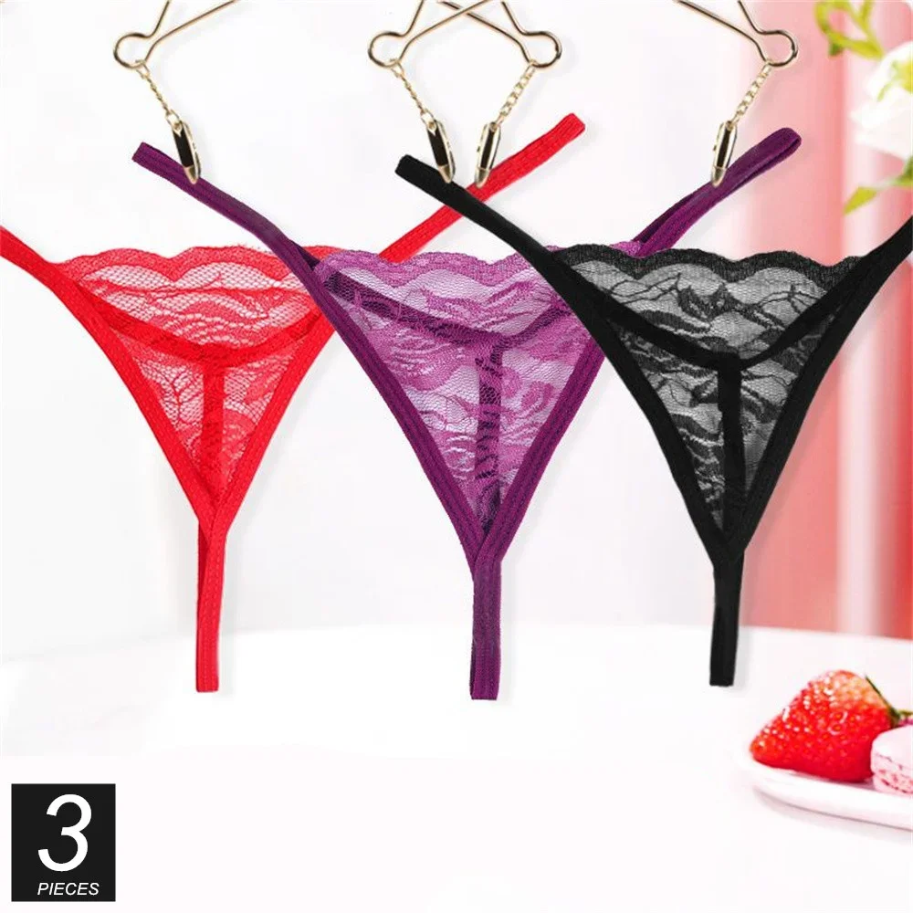 3 PCS/Pack One Rope Women Lingerie Micro Bikini V String Thong Sexy Temptation Ladies Transparent Floral Lace Underwear
