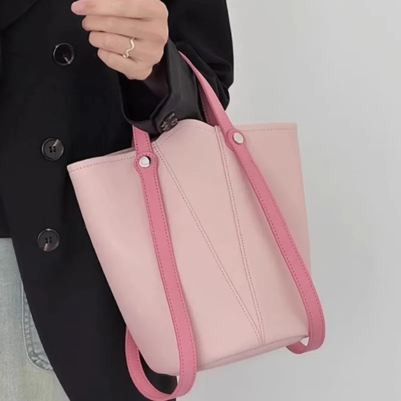 Pink Niche Design Handheld Bucket Bag Women Stitching Leather Large Capacity Tote Bag Ladies Fashion Sle Casual Shoulder Bag New