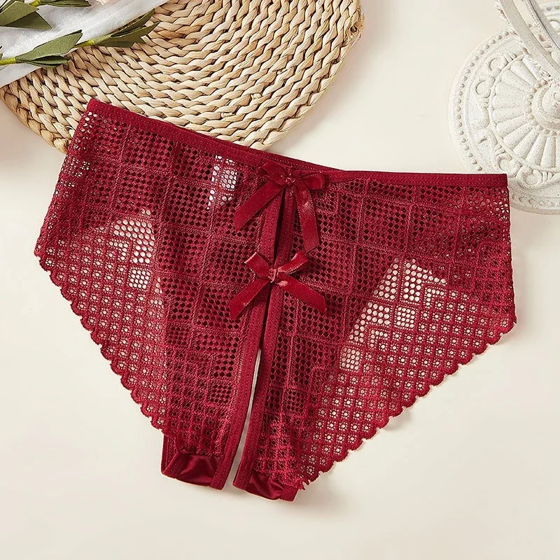 Women’s Sexy Lace Panties – Seamless Low Waist Hollow Out Underwear with Crotch Opening and Bowknot Design