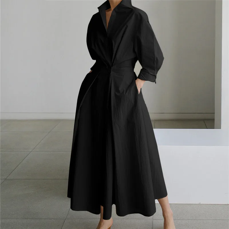 

S-5XL Korean Long Sleeve Shirt Dress Women Chic Turndown Neck Ruched Maxi Dress Female 2023 Spring Clothes Streetwear p874