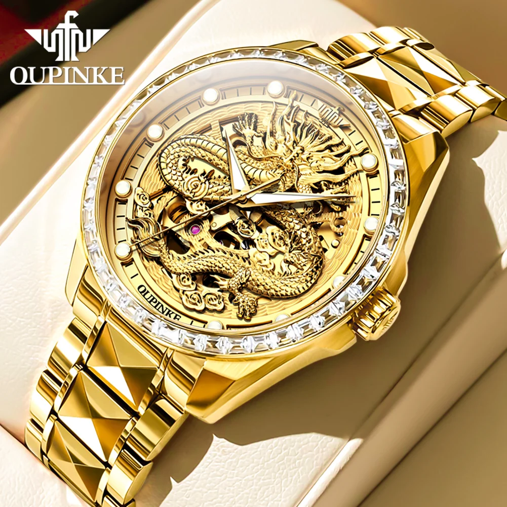 OUPINKE 3276 Gold Dragon Automated Men's Watches Imported Movement Tungsten steel Band Sapphire Mirror Men's Wristwatches Luxury imported band switch 18feet 4layers 4knives 18gear adjustable shank length 60mm round shaft