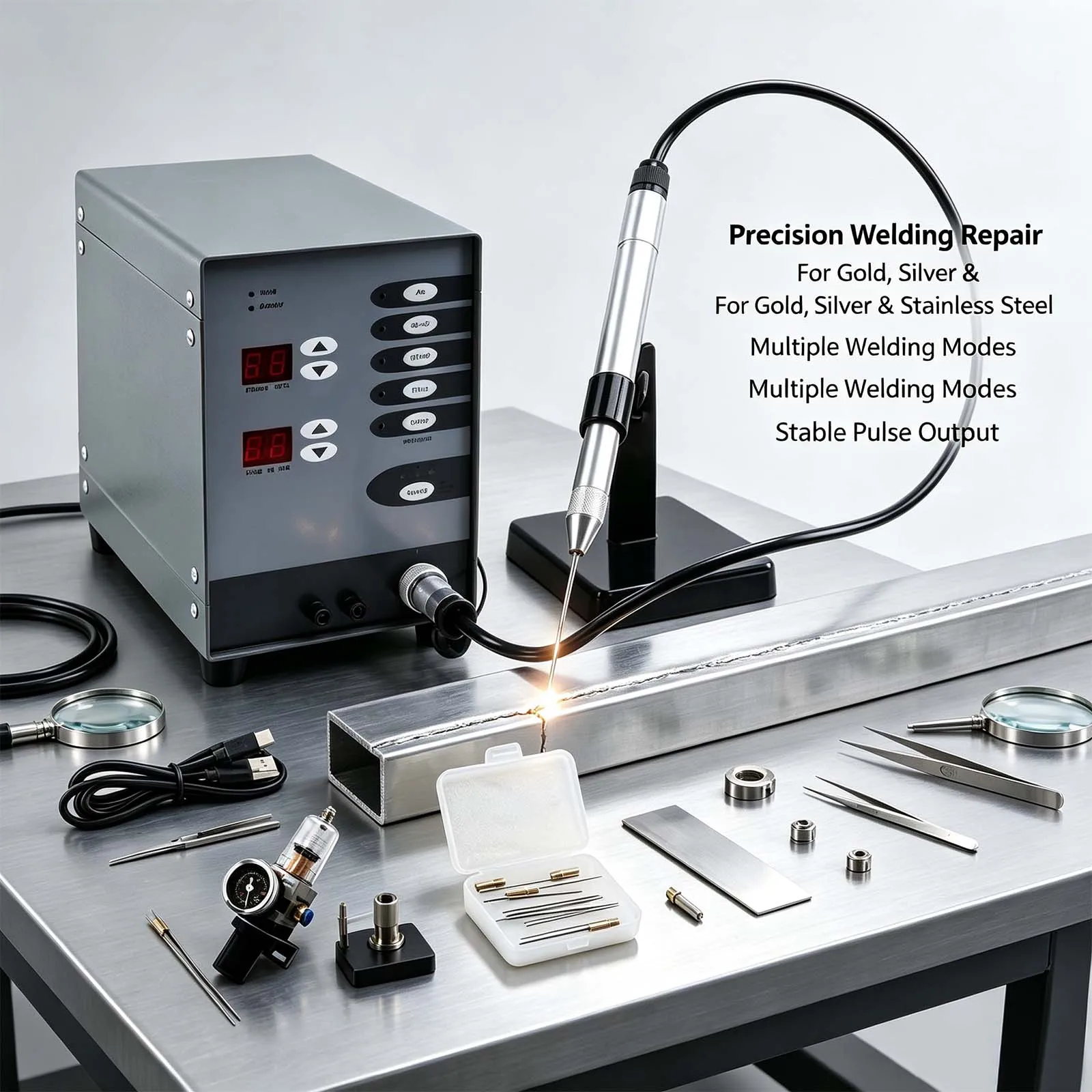 Jewelry Pulse Spot Welding Machine with Argon Protection for Gold Silver Repair and Metal Jewelry Making Tool