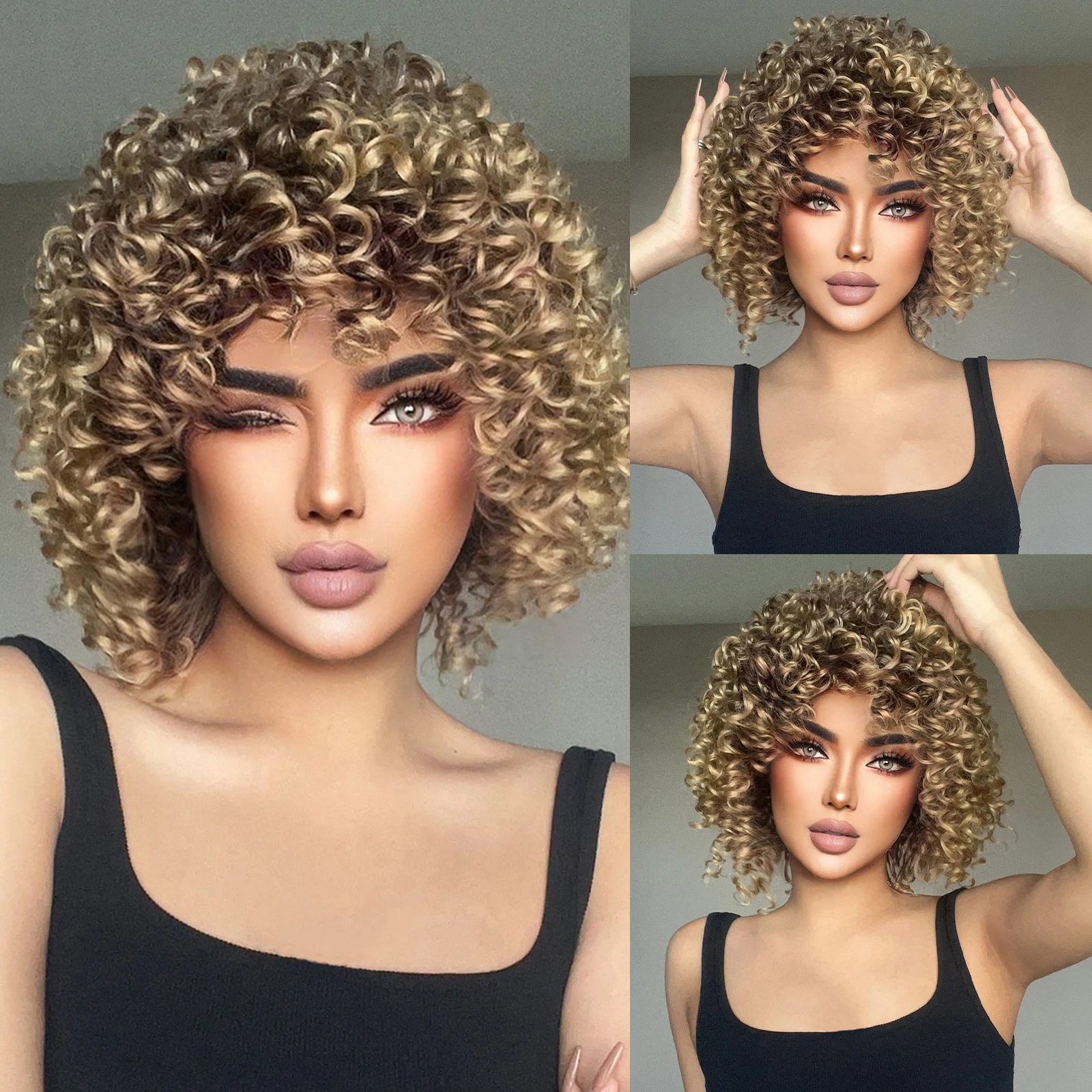 

Golden Brown Curly Bomb Synthetic Wigs Short Deep Wave Wigs for Black Women Afro Fiber Hair Heat Resistant Daily Cosplay Blonde
