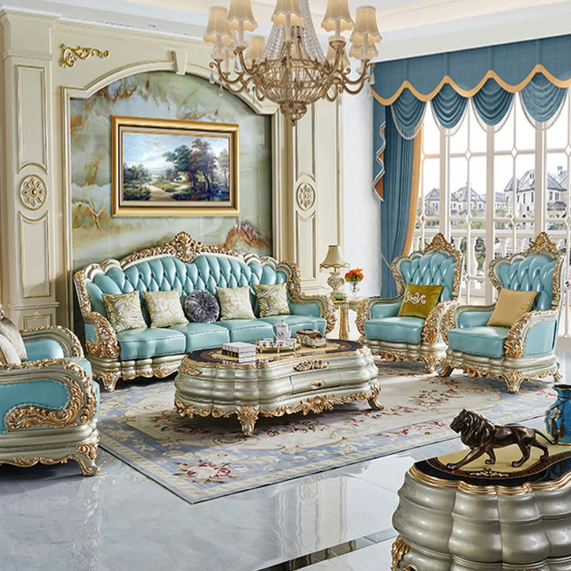 European-Style-Sofa-Combination-Leather-Living-Room-Large-Family-Villa ...