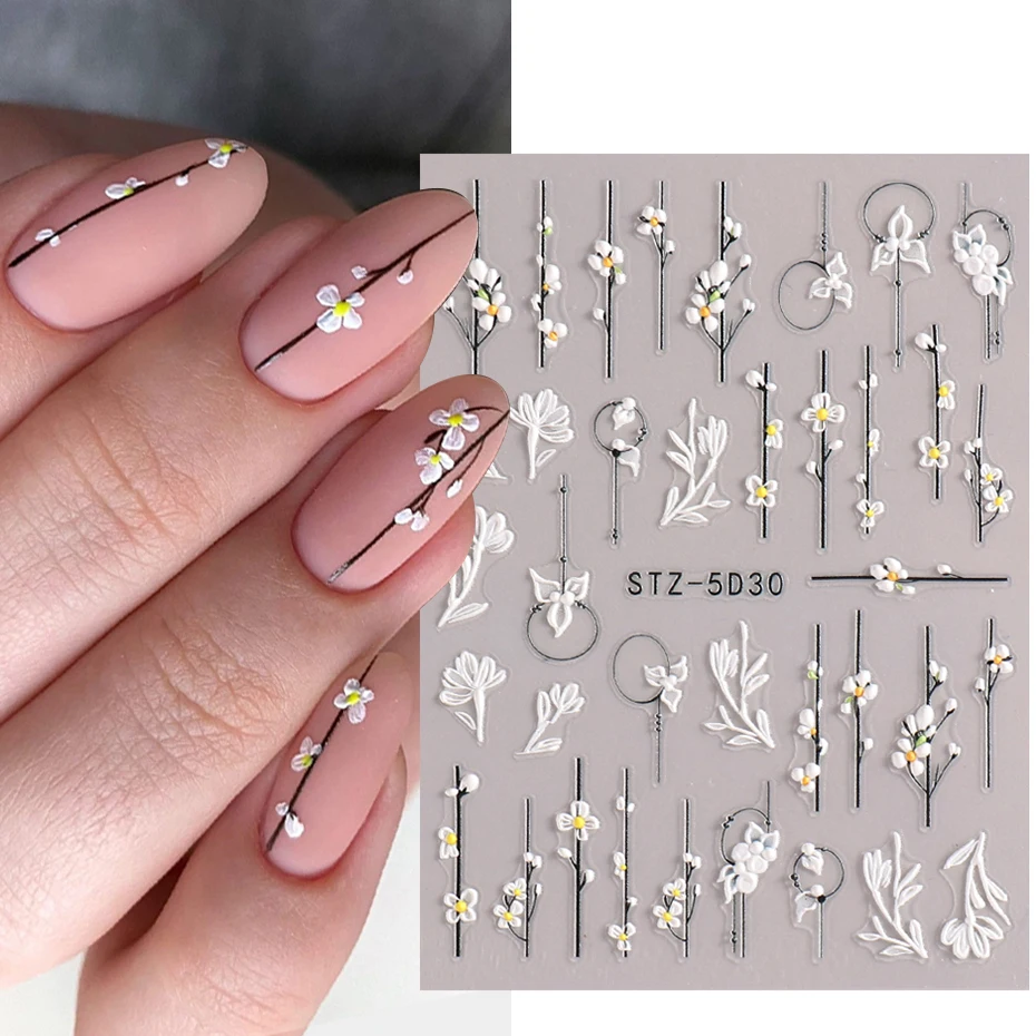 5D Stickers Nail Flowers Embossed Nail Art Decals Summer Charms White  Florals Adhesive Sliders Manicure Decorations TRSTZ-5D30 - AliExpress