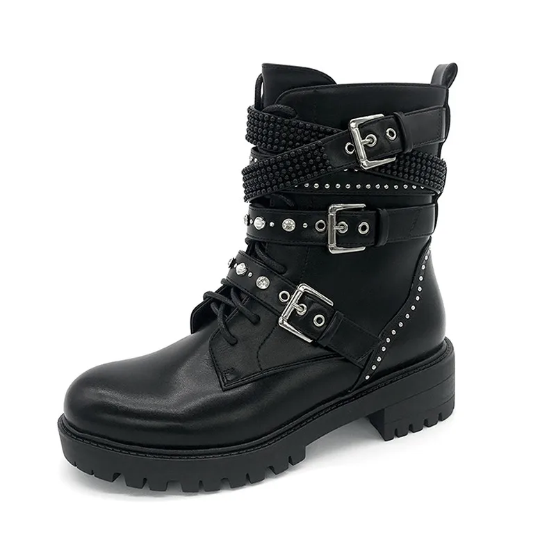 

British Style Women's Ankle Boots Punk Rivet Lace-Up Round Toe Platform Shoes Gothic Style Buckle Strap Women Motorcycle Shoes