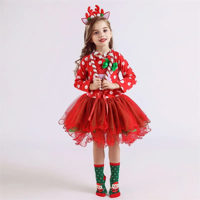 Girls Red Costume girls dress baby girl dress For Xmas Party Polka Dot Christmas Dress Santa Red Tutu Gown Baby Girl New Year Costume 1-6 Yrs