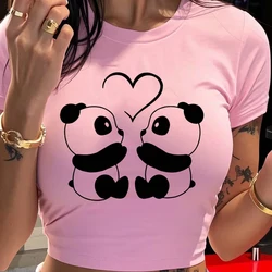 Chic Panda Heart Graphic Crop Top - Women's Crew Neck Short Sleeve Tee - S (Pink00871)