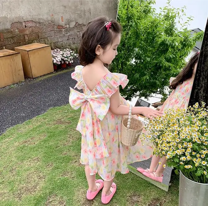 Dzieci dziewczynki kwiatowy sukienka bez rękawów kokardka 2024 dzieci letni szyfon sukienki dla małej księżniczki