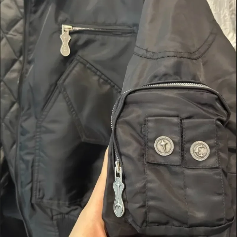 Winter New Men's Streetwear Thug Club Jacket Star Studded Metal Zipper Bomber Flight Jackets Heavy Cotton Coats 5