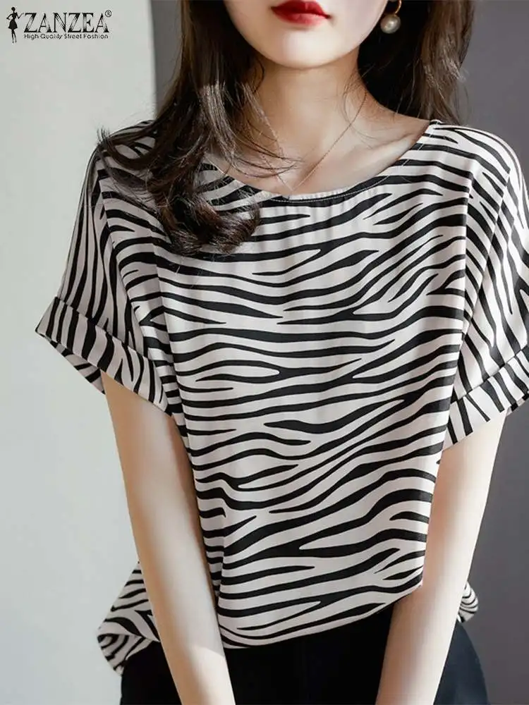 

Fashion Summer Zebra Printed Blouse 2024 ZANZEA Women O Neck Short Sleeve Holiday Shirt Female Work OL Tunic Tops Casual Blusas