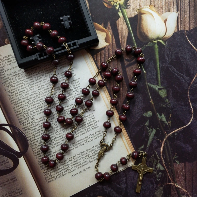 Rufous Colored Wooden Beads Rosary Necklaces with Jesus for Cross catholic rosary necklace wood cross