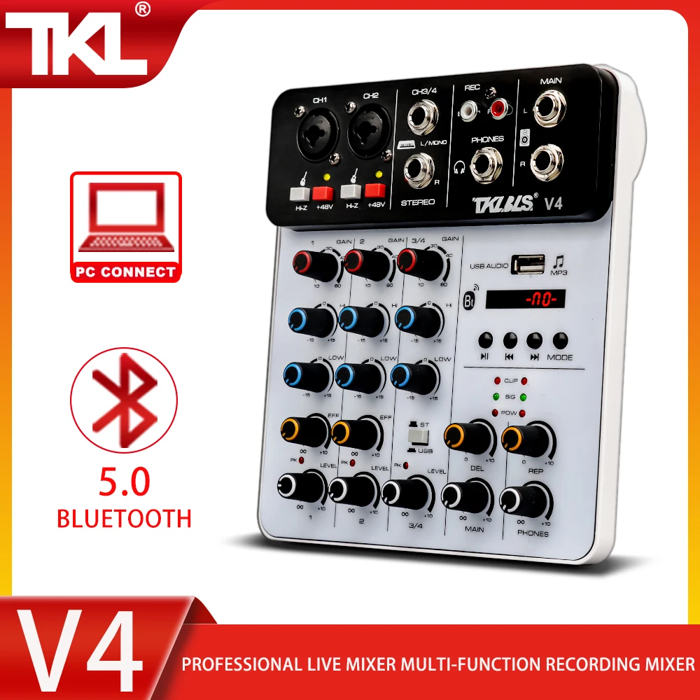 Tkl Mixer Audio A 4 Canali Bluetooth Usb Record Computer 48V Phantom Power Delay Repaeat Effect Sound Mixing Console