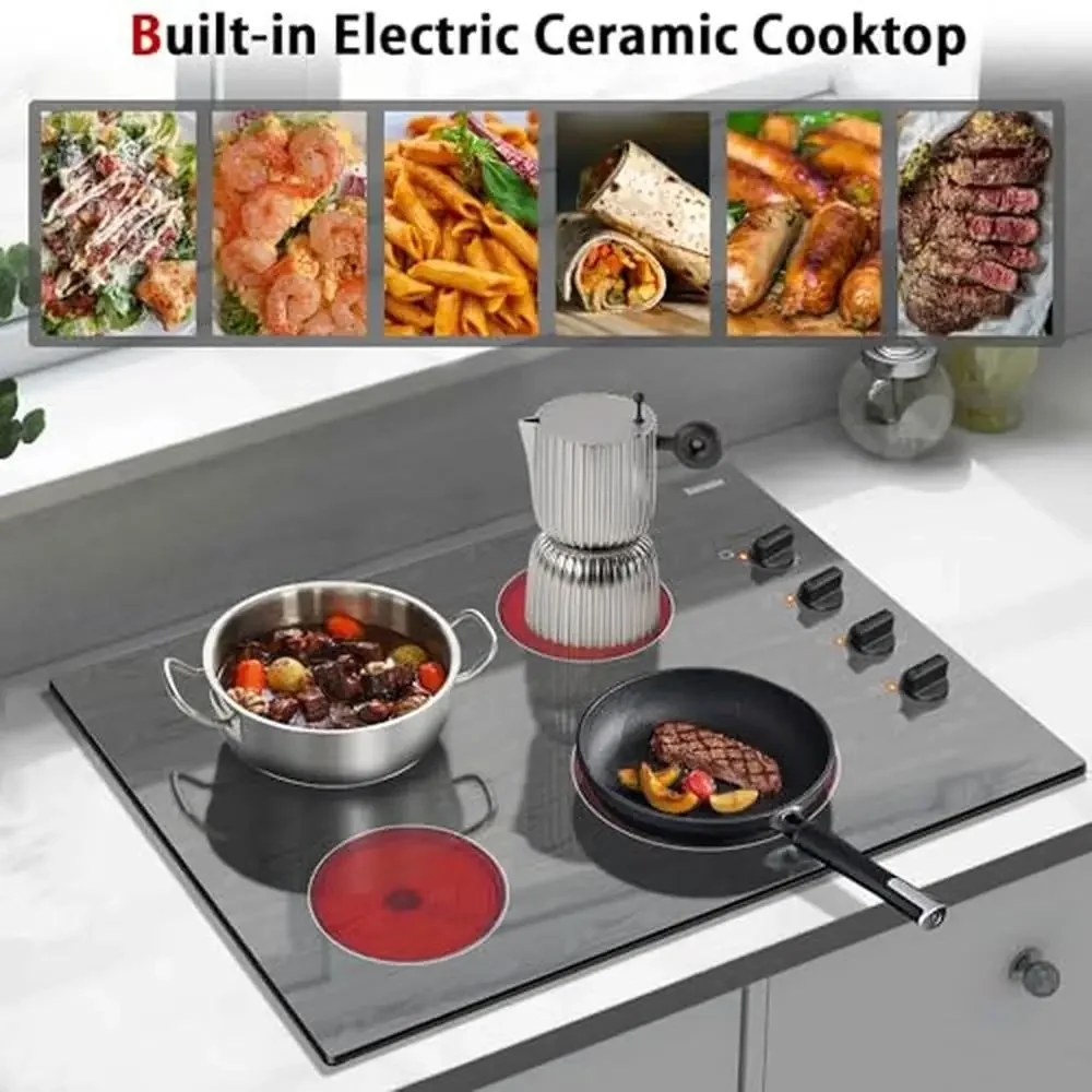 Electric Cooktop 30 Inch Knob Control Stove Glass Ceramic 4 Burners Beautiful Wooden Pattern 220V 1200W/1800W/1250/2500W(Dual