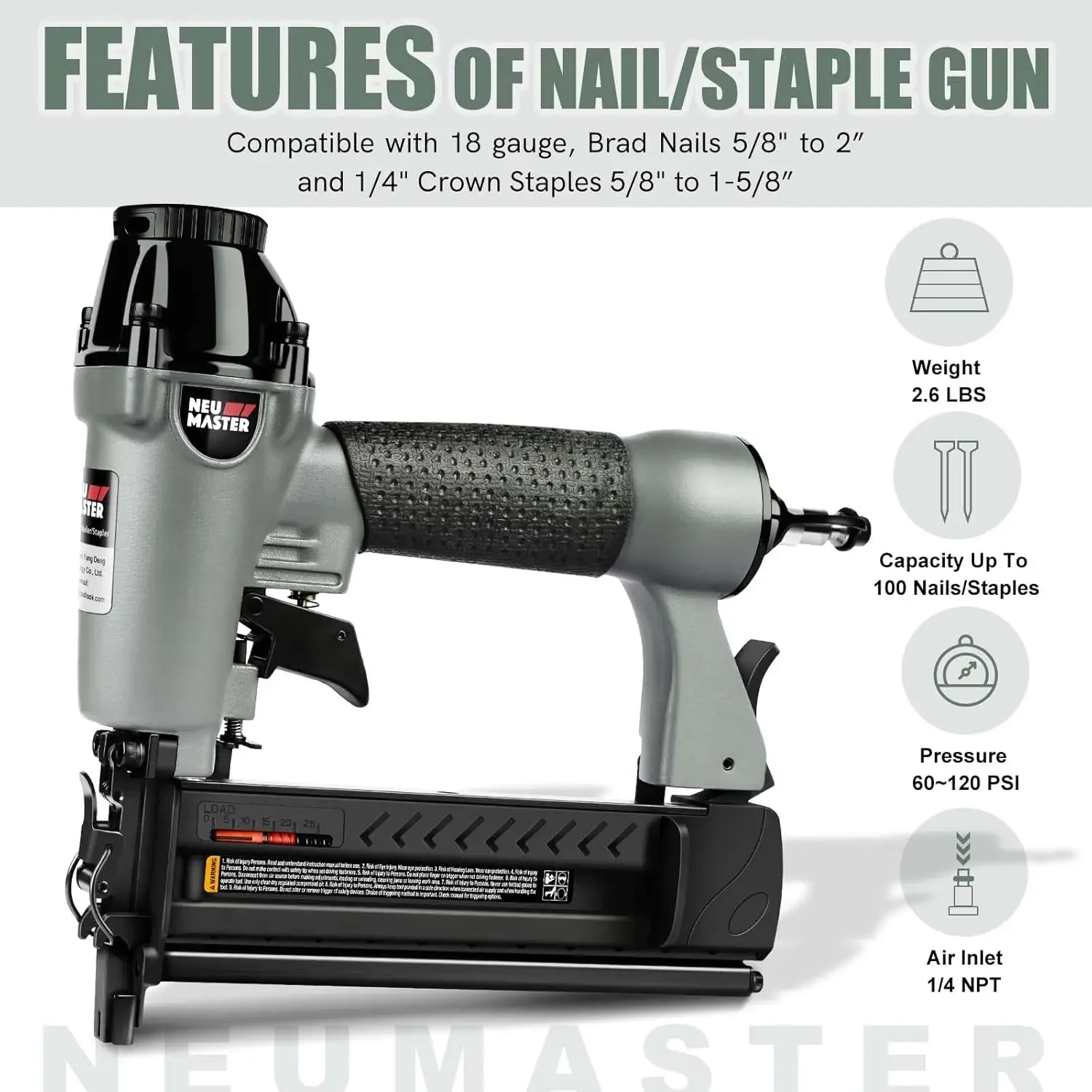 Pneumatic Brad Nailer 2 in 1 Nail Gun Staple Gun Fires 18 Gauge 2 Inch Brad Nails & Crown 1-5/8 Inch Staples