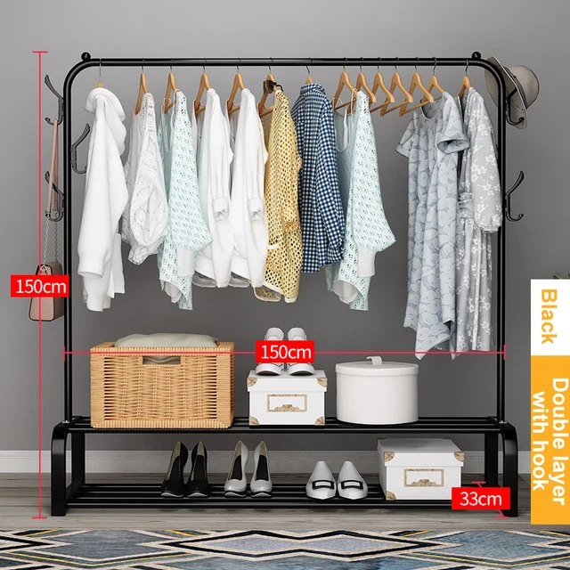 Garment Rack Free-standing Clothes Rack with Top Rod,Coat Rack Clothes, Hanger Wardrobe ,Clothes for Rack Lower Storage B-2layer-hook -150cm