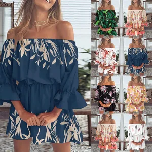 Summer Sexy Fashion Slash Neck Print Dress Women Clothing Elegant Casual Long Sleeve Off Shoulder Beach Bohemia Party Dress New