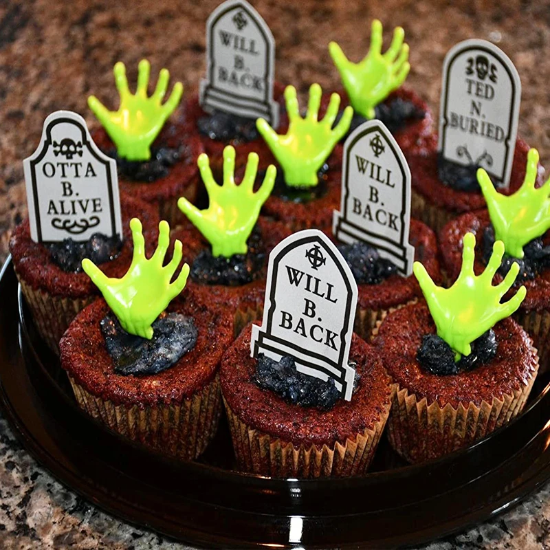 12 Stück Halloween Cupcake Topper Grabstein Friedhof Kuchen Topper Gruselige Cupcake Dekoration Tischdekoration Vorspeise Sticks – Detail 1