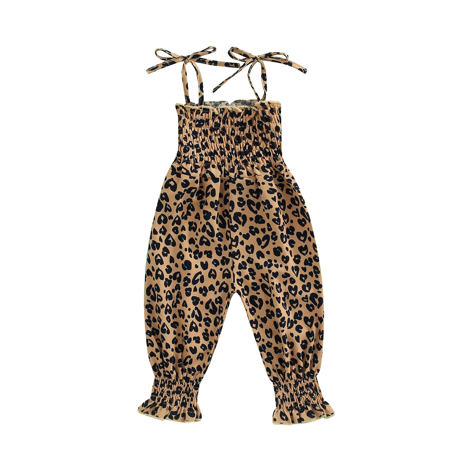 2022 0-4Y Summer Toddler Girl Sling Jumpsuit Heart/Leopard Printed Pleated Tie-Up Simple Style Overalls Casual Sweet Romper bright baby bodysuits	 Baby Rompers