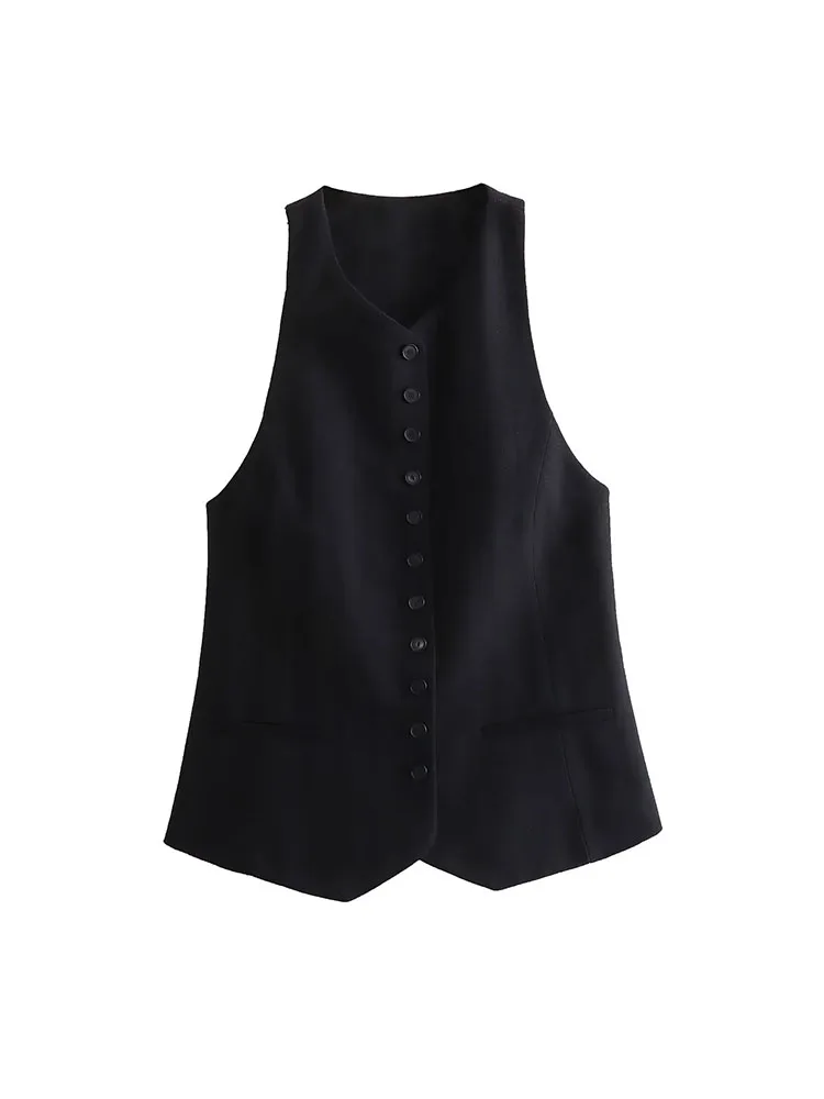 

ZADATA new women's fashionable versatile solid color suitable for office commuting simple retro basic single-breasted vest