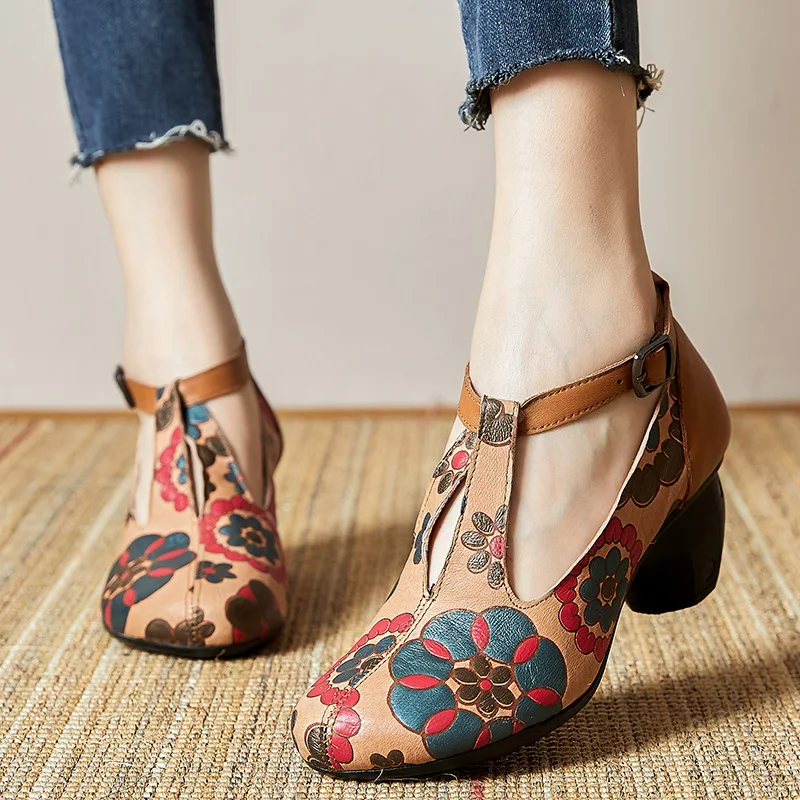 

Birkuir Retro High Heel Sandals Shoes For Women Genuine Leather Printing Flowers Mother Shoes 6 cm Concise Fashion Ladies Shoes