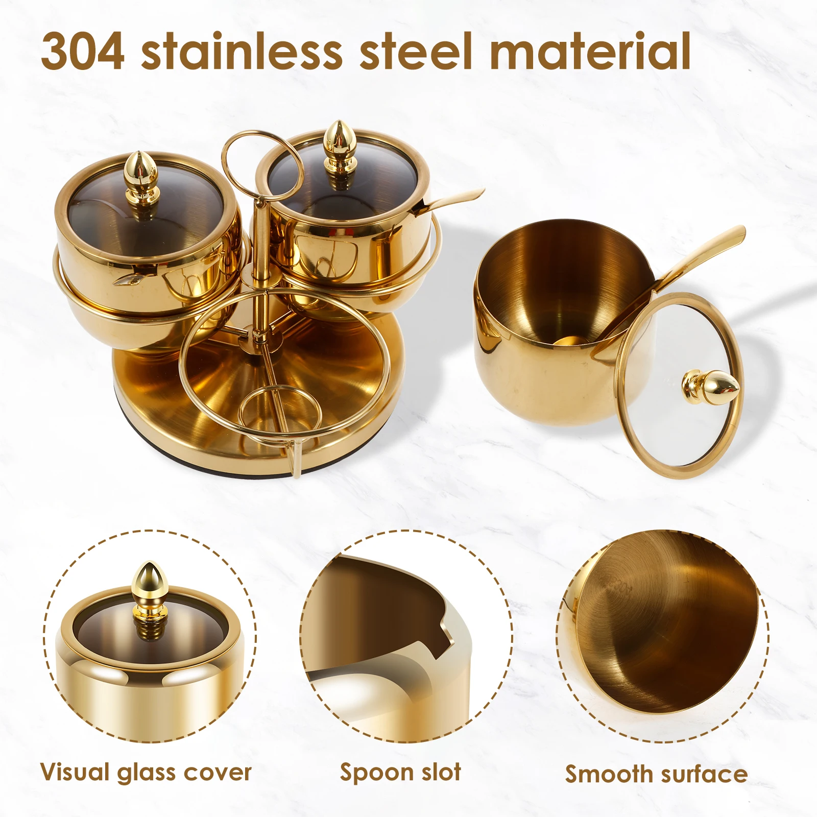 Stainless Steel Sugar Bowl Set Rotatable 3 Flavour Seasoning Jar Seasoning Box Dispenser Container with Glass Lid for Kitchens