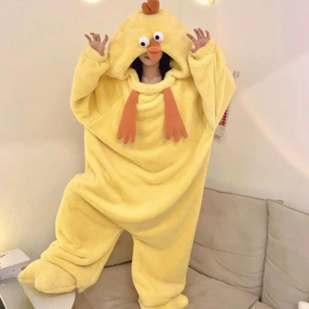 Jumpsuits Cartoon Chicken Pajamas Funny Home Wear Coral Fleece Nightwear Long Sleeve Plush Warm Cute Sleepwear Women Women