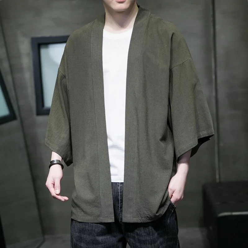 Kimono Solid Color T-shirt 3/4 Sleeve Open Front Cardigan Shirt Tops Asian Cloth Streetwear Men's Loose Coat