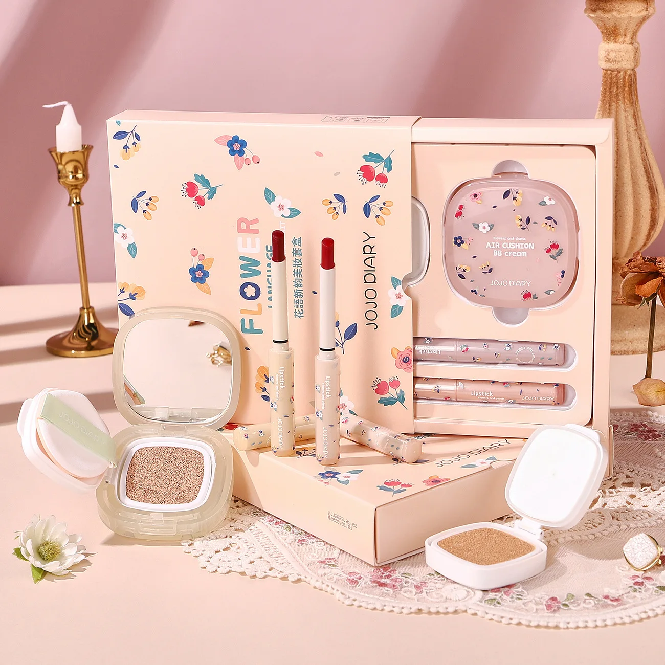 JOJODIARY First Kiss Stick 2pcs Lipstick Lip Stain Air Cushion With Refil Cosmetics Full Set For Girlfriend Wife's Birthday Gift