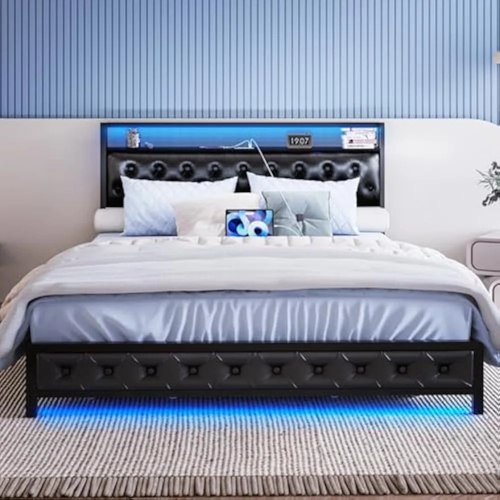 Headboard Queen Bed Frame with 4 Storage Drawers, Charging Station and LED Lights, Upholstered Headboard with