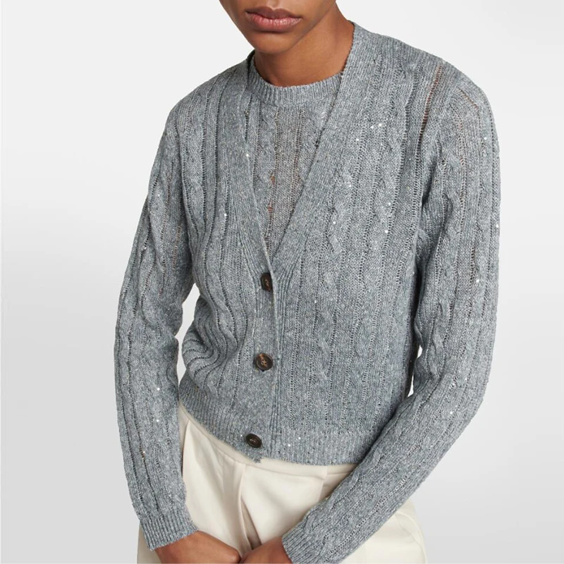 

2023 Autumn and Winter New Women Twist Sequin Round Neck Cardigan / Vest / Bottoming Sweater