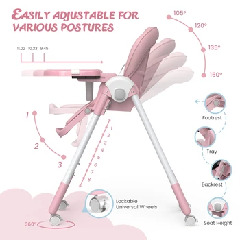 Sejoy Baby High Chair Foldable Highchair Adjustable Backrest Double Removable Tray Detachable PU Leather Cushion High Chair for 3