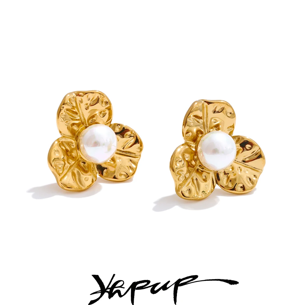 Yhpup 2025 Pearl Metal Flower Small Stud Earrings