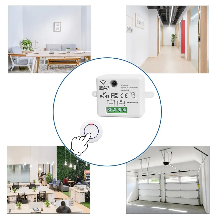 RF 433Mhz Light Switch smart switch wireless remote controller Round 10A Wireless Panel Mini Switch Remote Control Relay Receiver Module Transmitter For Bedroom