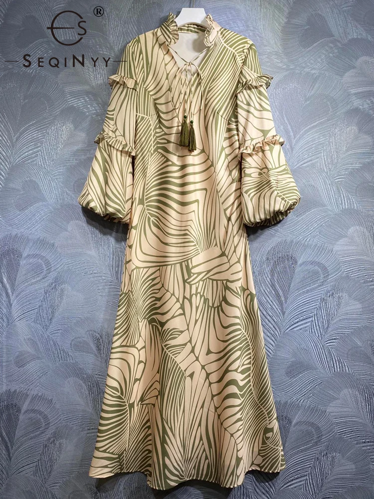 

SEQINYY Beige Midi Dress Lantern Sleeve Tassel Vintage Green Leaf Print High Street Loose Elegant Fashion For Women Casual