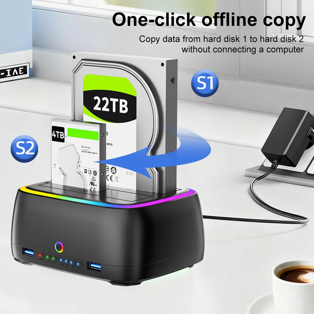 RGEEK 7 IN 1 듀얼베이 하드 드라이브 스테이션 HD 인클로저 USB3.0 5Gbps SATA HDD 도킹 스테이션 (2.5/3.5인치 HDD/SSD 오프라인 복제 지원)