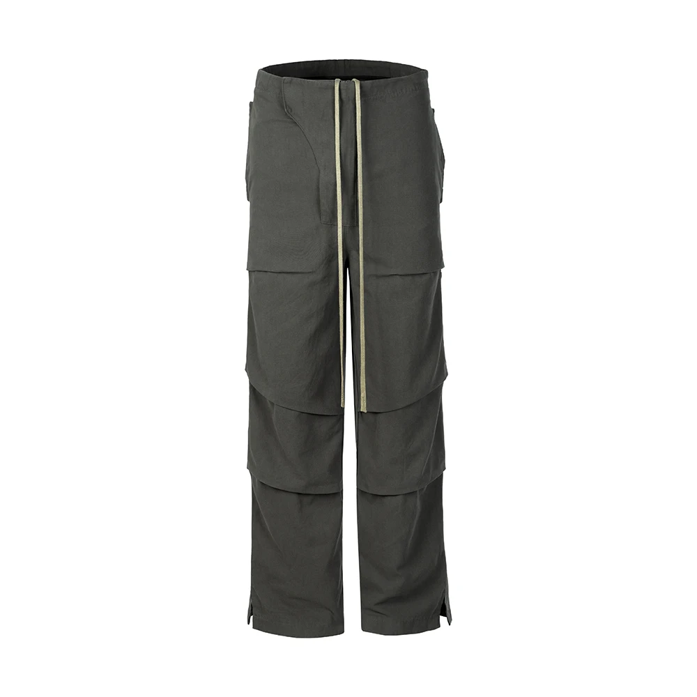 

New Harajuku Silhouette Slit Pleated Knee Cargo Pants for Men Straight Solid Ruched Baggy Casual Drawstring Trousers Wholesale
