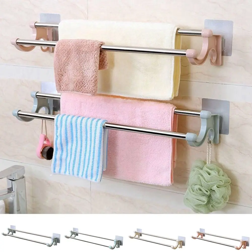 No Punching Double Rod Non-marking Towel Rack Bath Towel Rack Suction Cup Toilet Stainless Steel Hanging