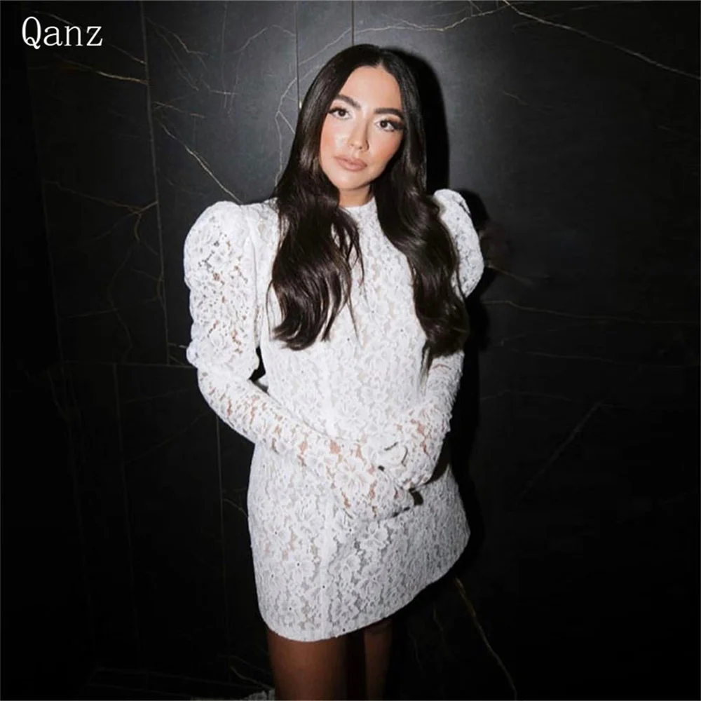 

Qanz Short Lace High Neck Wedding Dresses Sexy Backless Bow Bride Dress Above Knee Plus Size Vestido De Novia Robes De Soirée