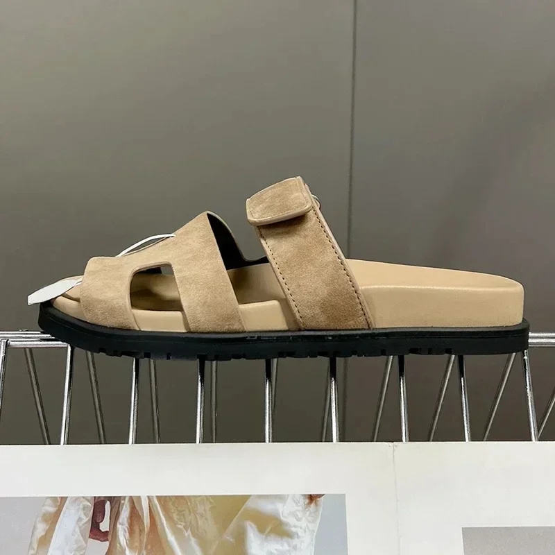 여성용 진짜 가죽 플랫 슈즈, 브랜드 디자이너 패션, 럭셔리 소가죽, 유니섹스 캐주얼 슬리퍼, 여성용 해변 휴가 샌들