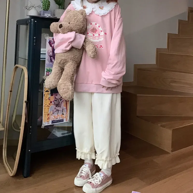 Styl Preppy sลodkie bluzy z kapturem Femme Kawaii koronkowe falbany koลnierz piotruล Pan bluza z nadrukiem tortu wiลniowego haftowane topy