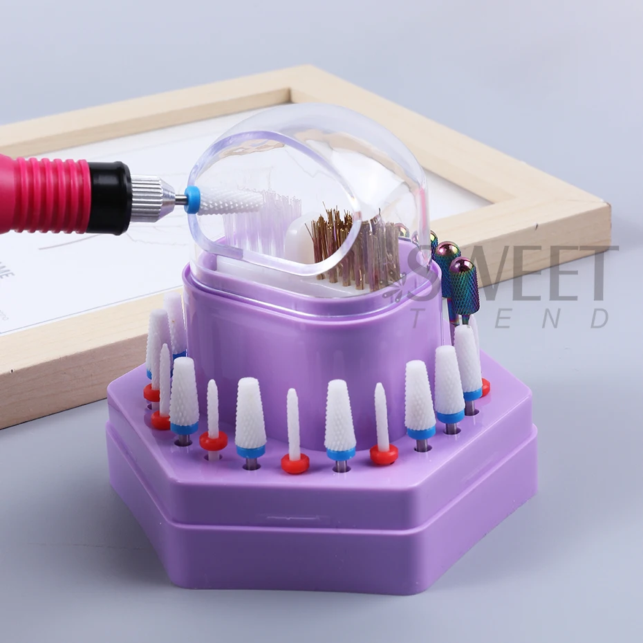 24-Holes Nail Drill Bits Storage Box with Cleanning Brush Grinding Head Holder Display Stand Organizer Manicure Accessories Tool